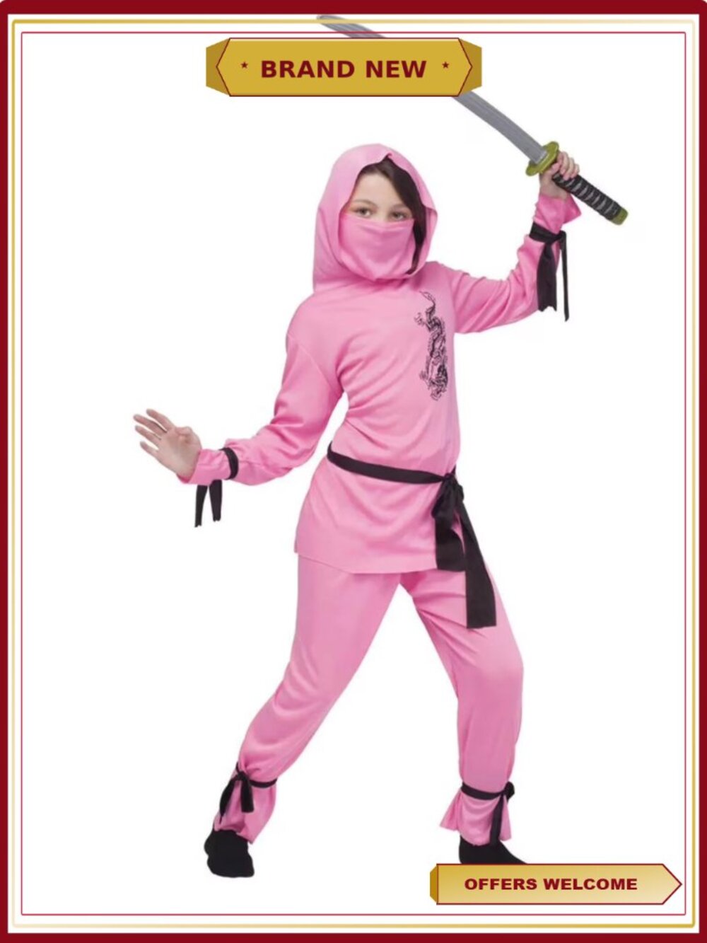 Child Ninja Costume 5-Piece Hooded Shirt Pants Mask Belt Arm Bands Halloween